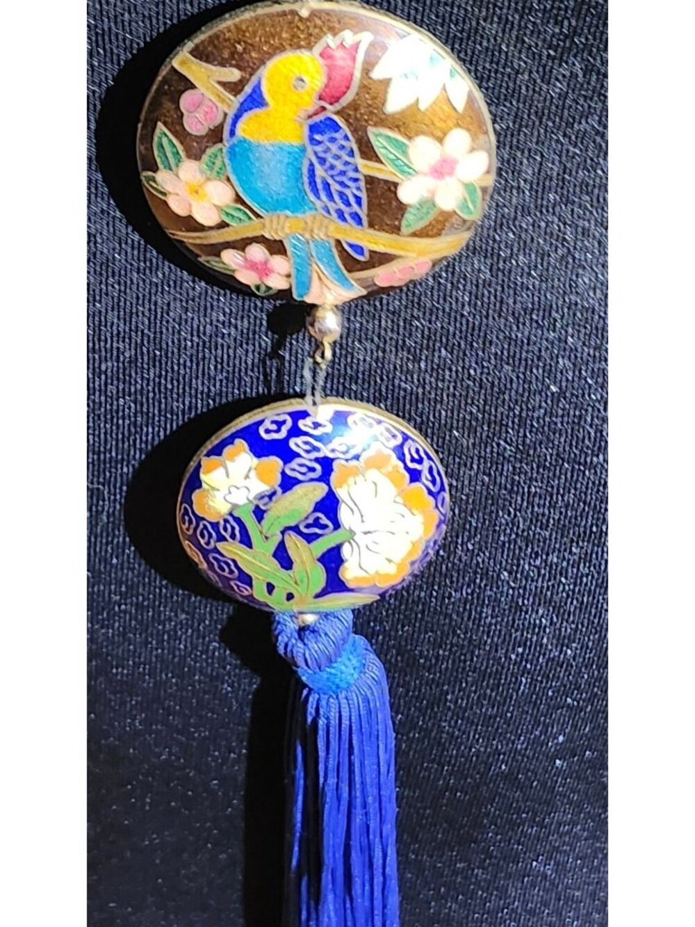 Vintage Cloisonné Double Pendant Necklace With Parrot & Floral Motif  Royal Blue